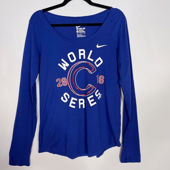 Nike Womens M Blue Athletic Cut Chicago Cubs 2016 World Series Long Sleeve Tee - Picture 1 of 7